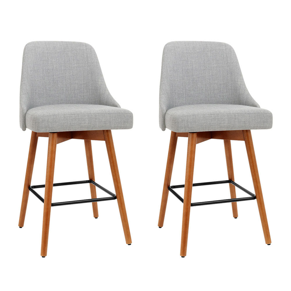 Set of 2 Wooden Fabric Bar Stools Square Footrest - Light Grey