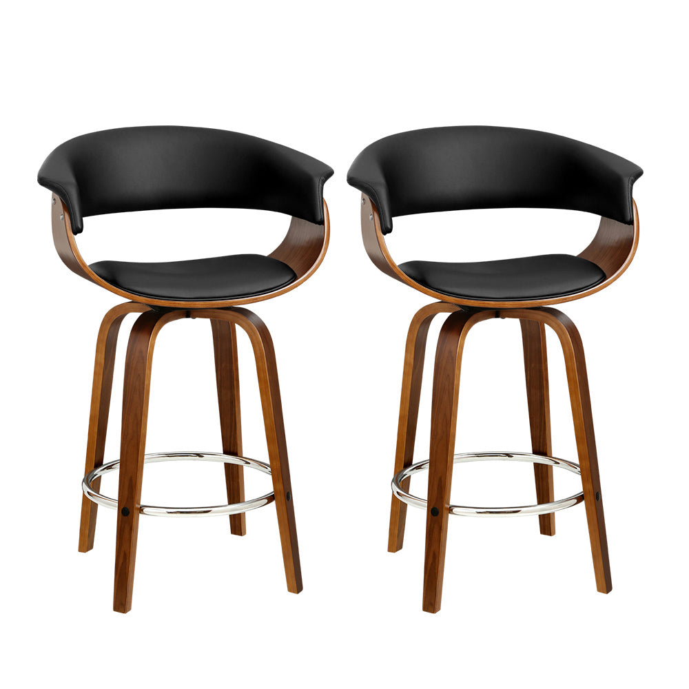 Set of 2 Lawson Wood and Leather Swivel Bar Stools Black