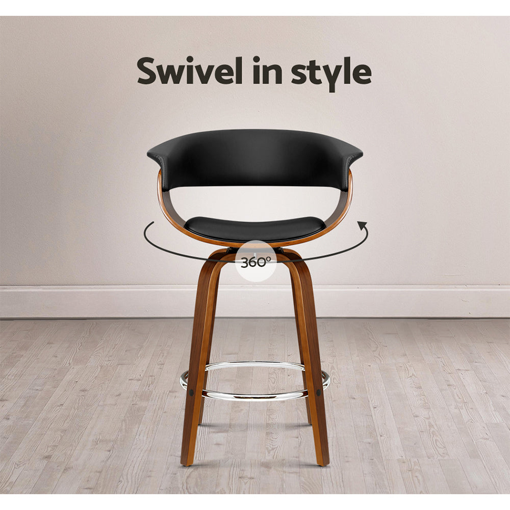 Set of 2 Lawson Wood and Leather Swivel Bar Stools Black