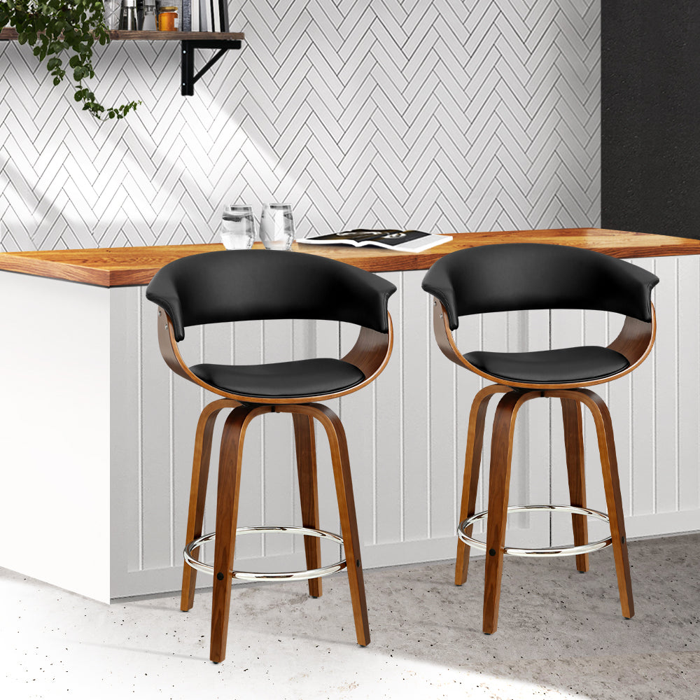 Set of 2 Lawson Wood and Leather Swivel Bar Stools Black