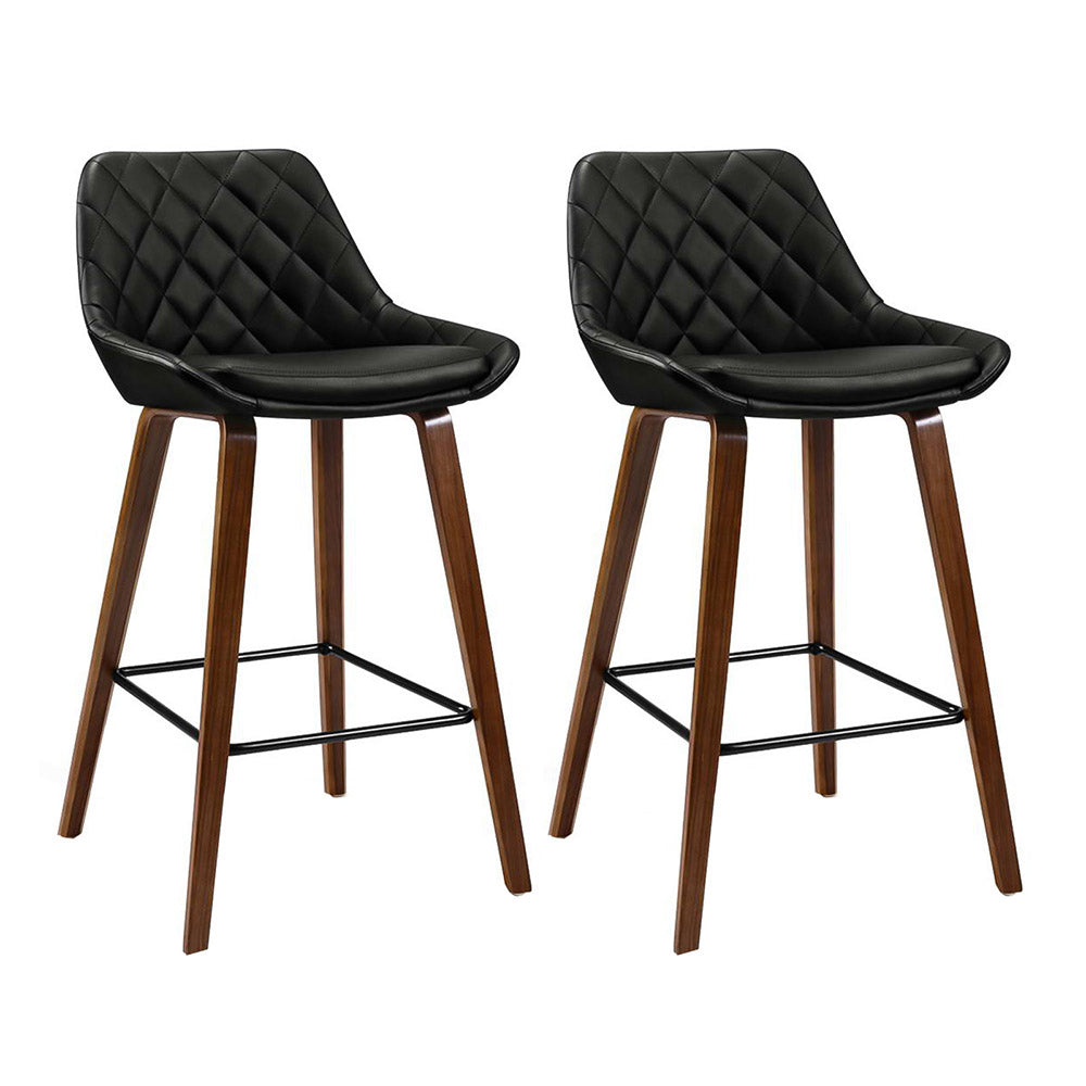 Set of 2 Sebastian Bar Stools Bentwood PU Leather Diamond Pleat - Black