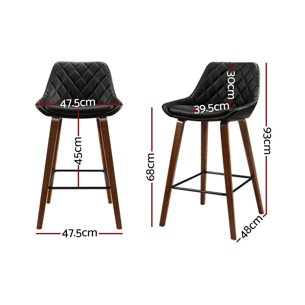 Set of 2 Sebastian Bar Stools Bentwood PU Leather Diamond Pleat - Black