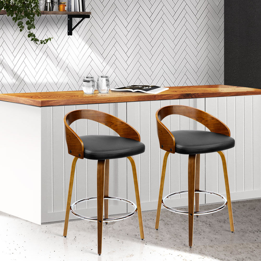 Set of 2 Walnut Wood Bar Stools - Black and Brown