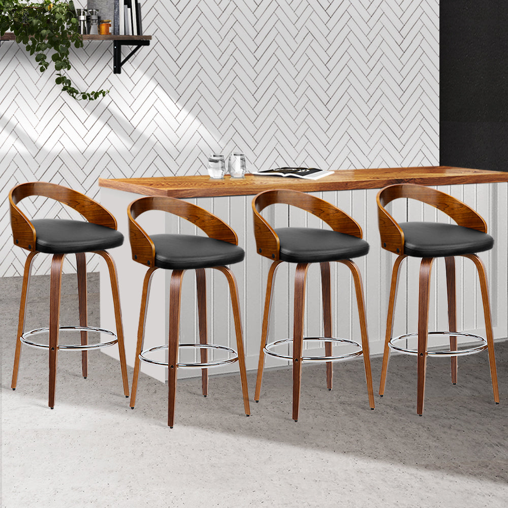 Set of 4 Walnut Wood Bar Stools - Black and Brown