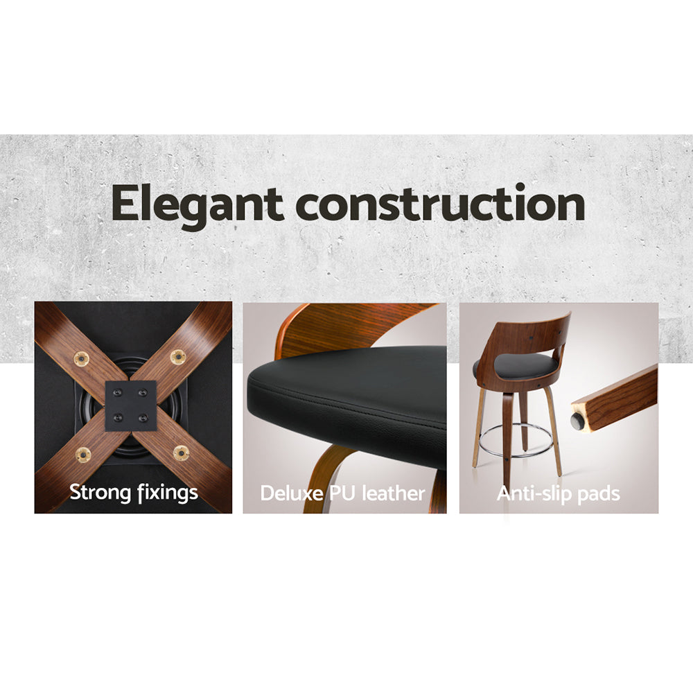 Set of 2 Wooden Bar Stools PU Leather - Black and Wood