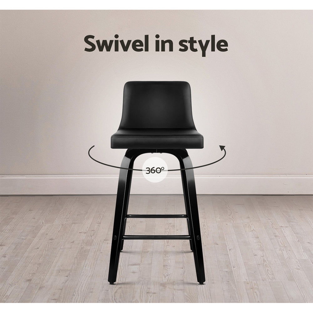 Set of 2 Wooden PU Leather Bar Stool - Black