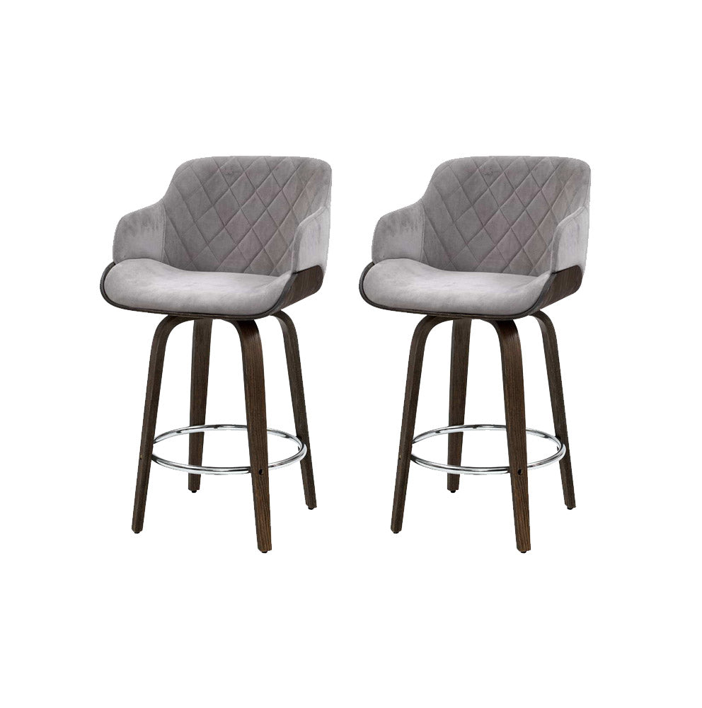 Set of 2 Evonne Wooden Swivel Bar Stools Grey Velvet