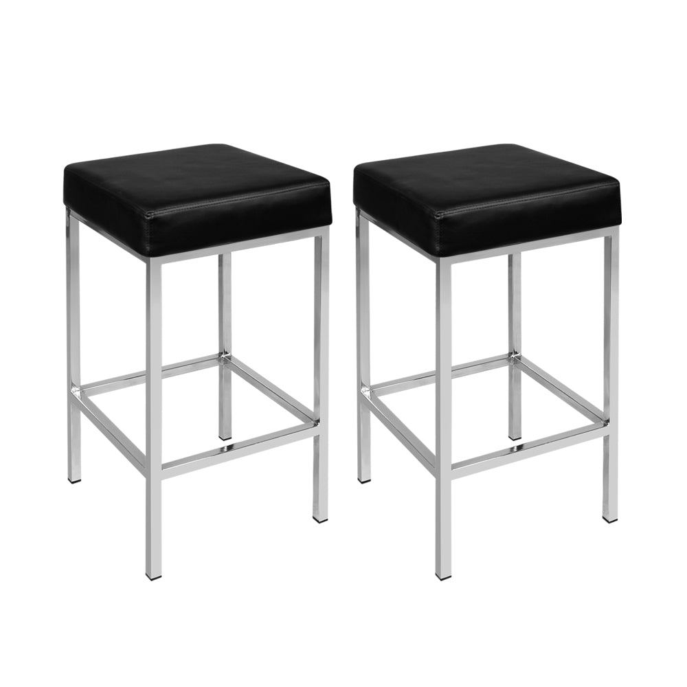 Set of 2 PU Leather Backless Bar Stools - Black and Chrome