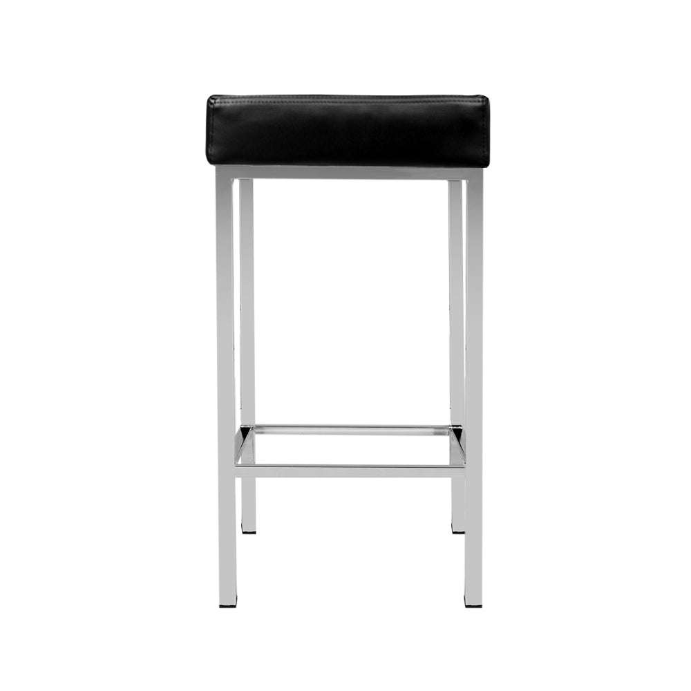 Set of 2 PU Leather Backless Bar Stools - Black and Chrome