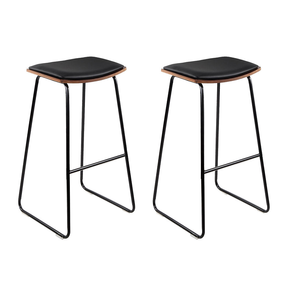 Set of 2 Backless PU Leather Bar Stools - Black and Wood