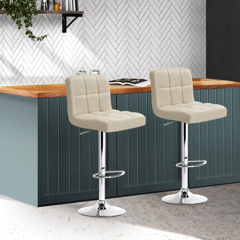 Set of 2 PU Leather Gas Lift Bar Stools - Beige