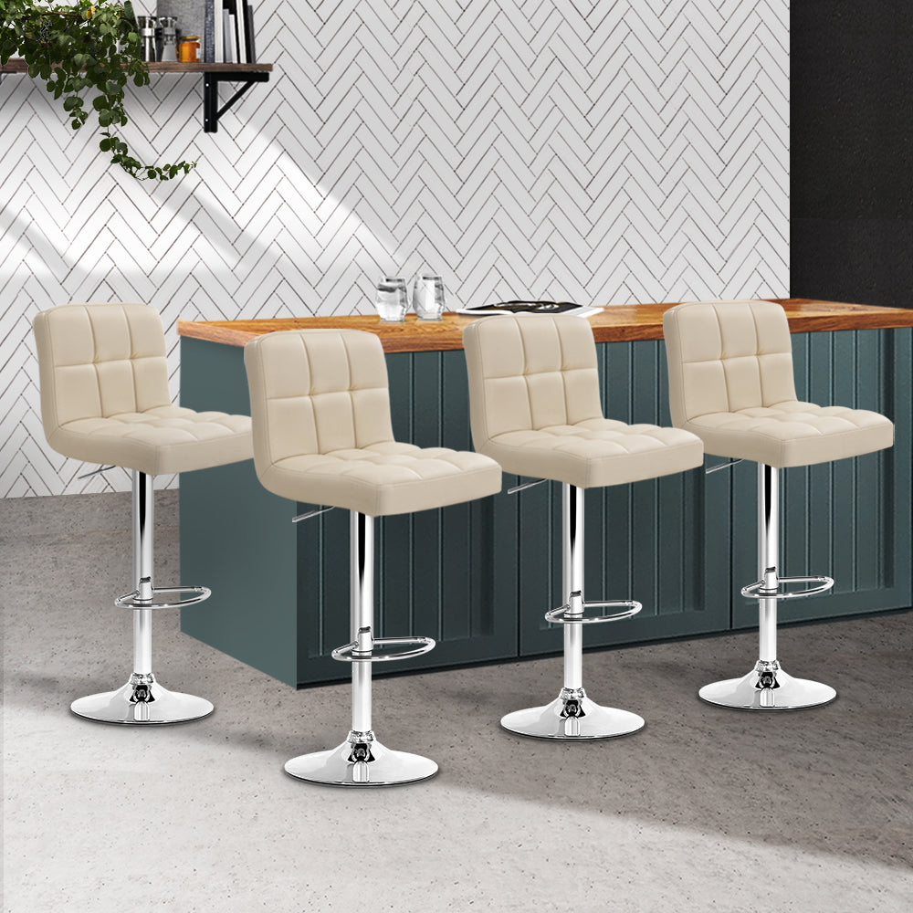 Set of 4 PU Leather Gas Lift Bar Stools - Beige