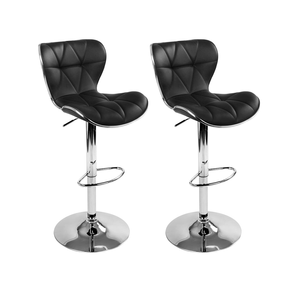 Set of 2 PU Leather Patterned Bar Stools - Black and Chrome