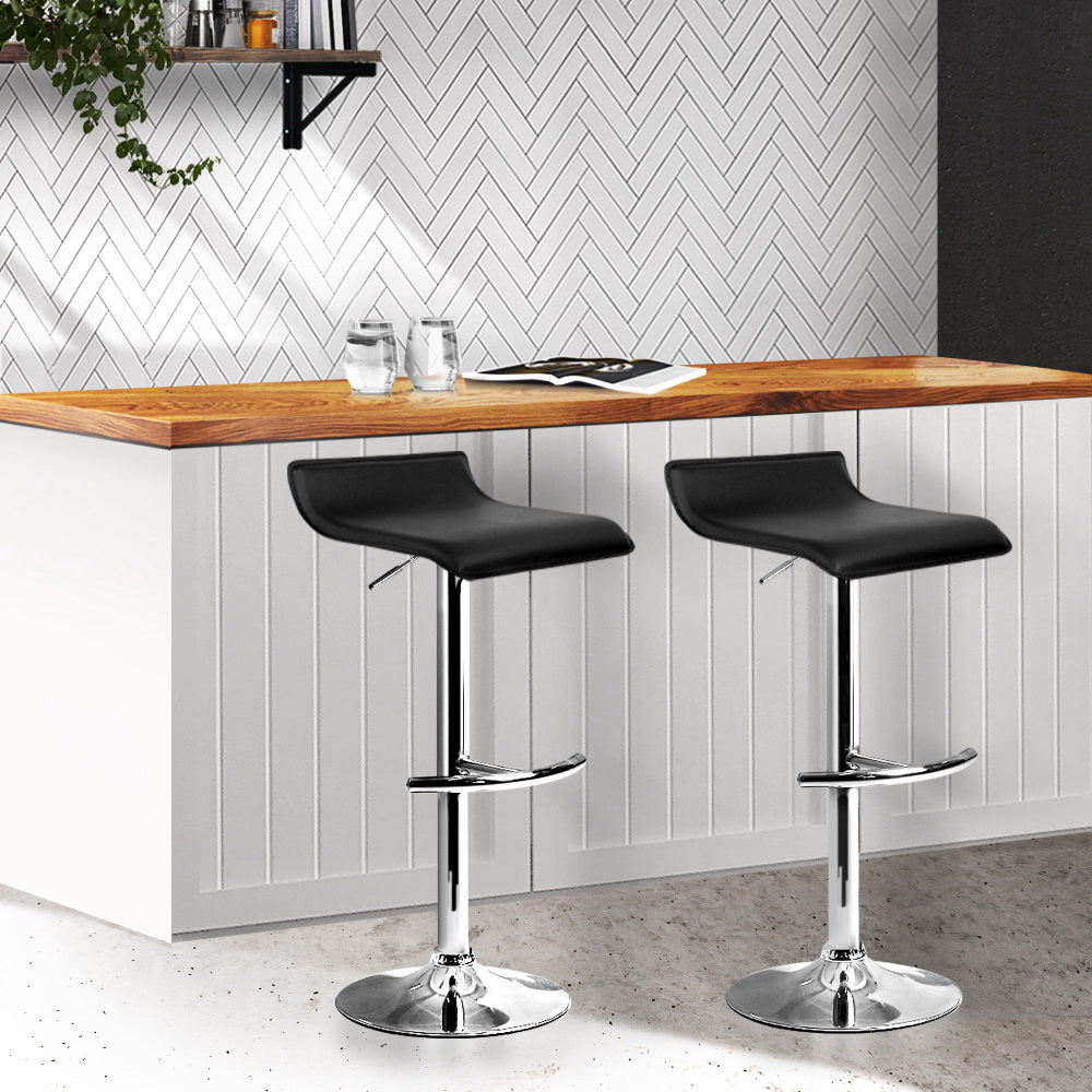 Set of 2 PU Leather Wave Style Bar Stools - Black