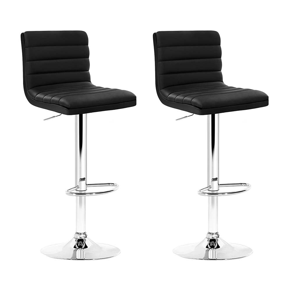 Set of 2 PU Leather Bar Stools Padded Line Style - Black