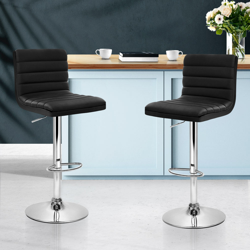 Set of 2 PU Leather Bar Stools Padded Line Style - Black