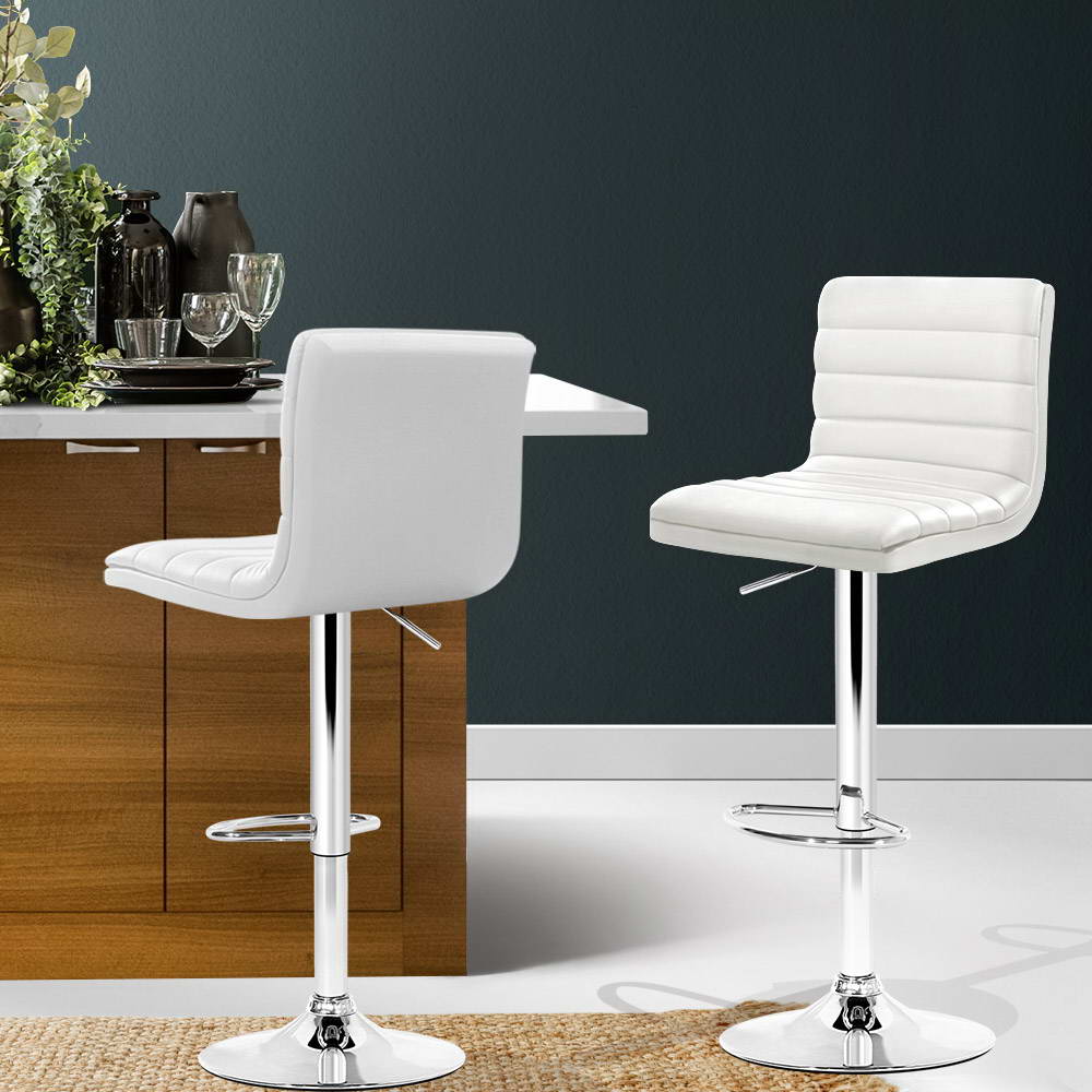 Set of 2 PU Leather Bar Stools Padded Line Style - White