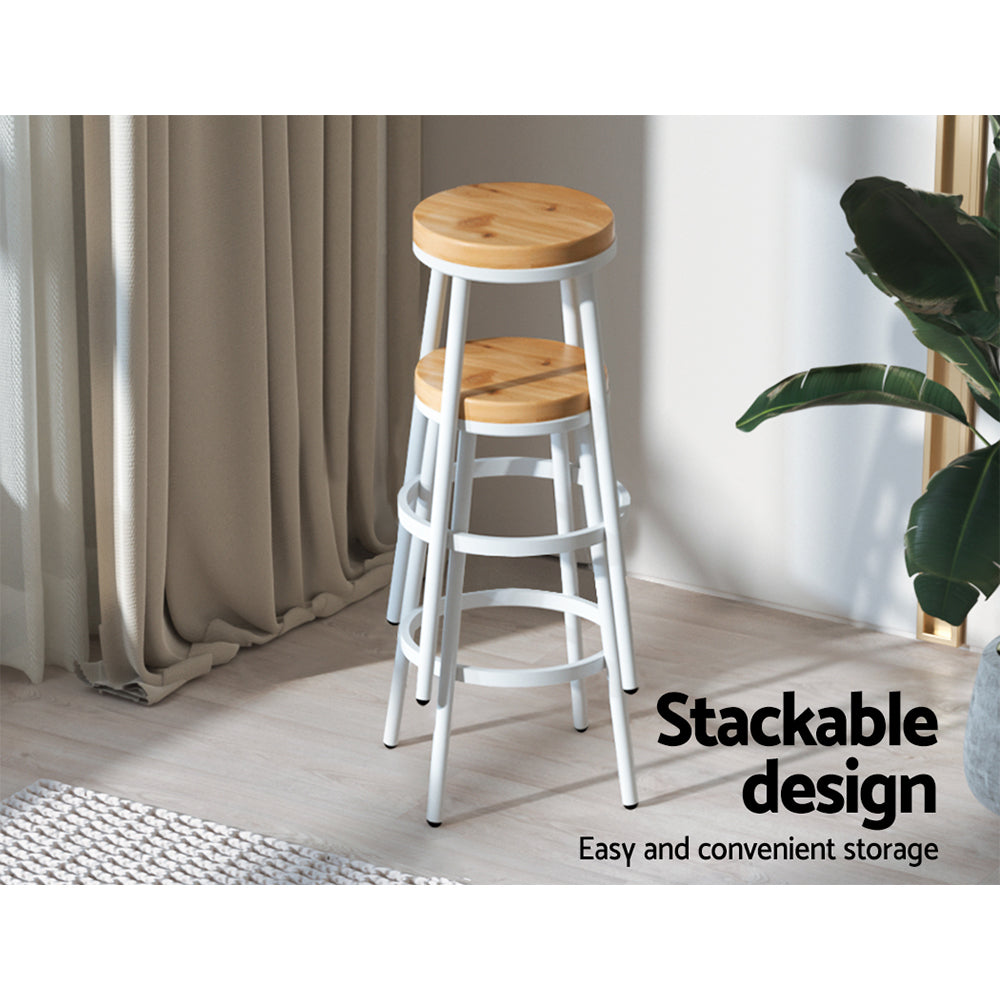 Set of 2 Wooden Stackable Bar Stools - White and Wood