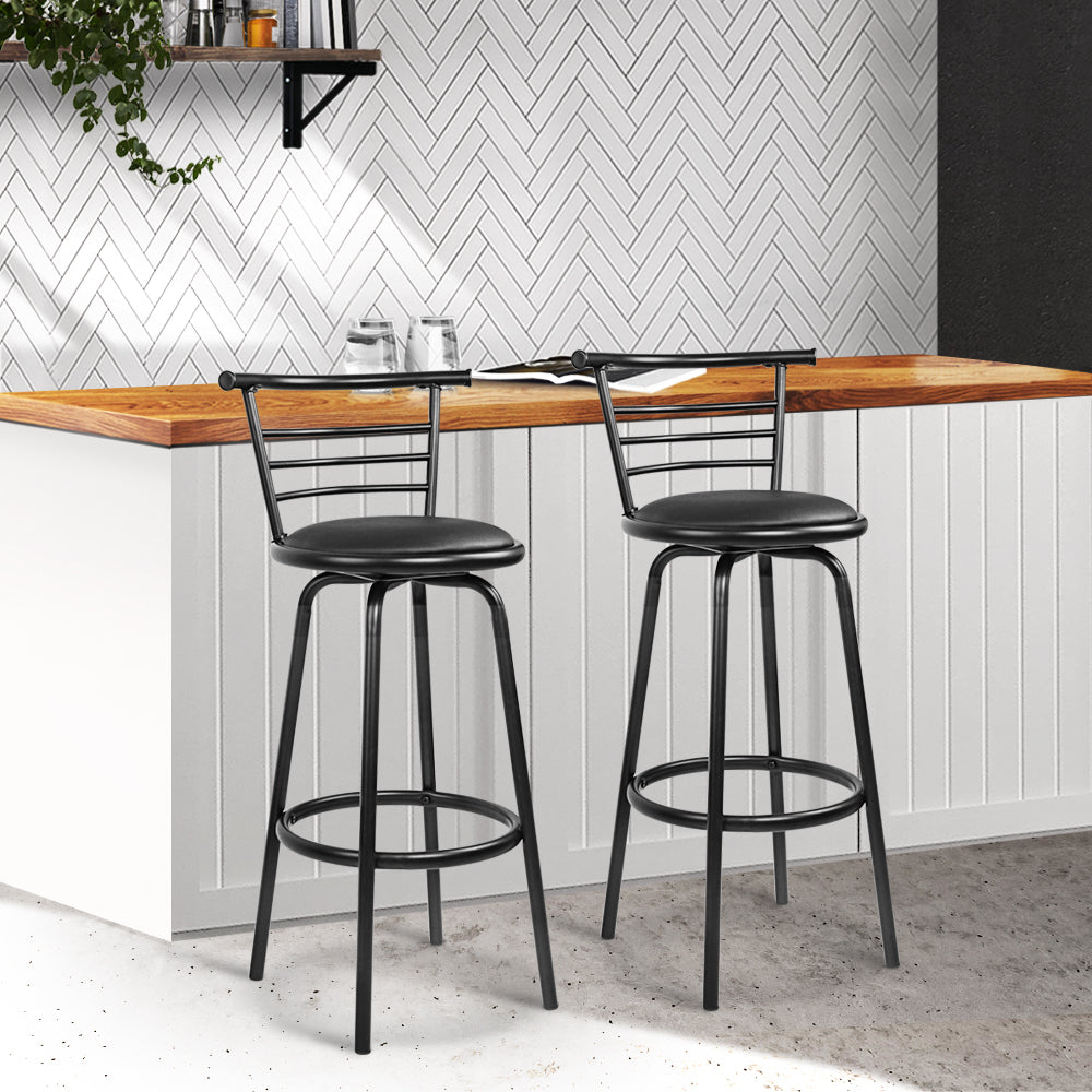 Set of 2 PU Leather Bar Stools - Black and Steel