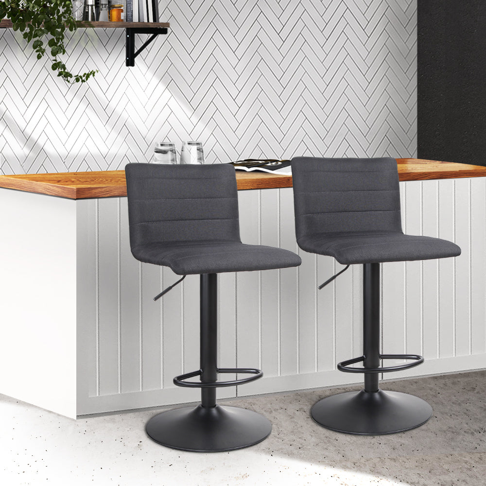 Set of 2 Faux Linen Bar Stools - Black