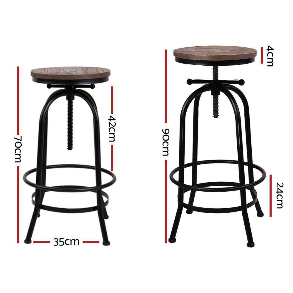 Set of 2 Bar Stool Industrial Round Seat Wood Metal - Black and Brown