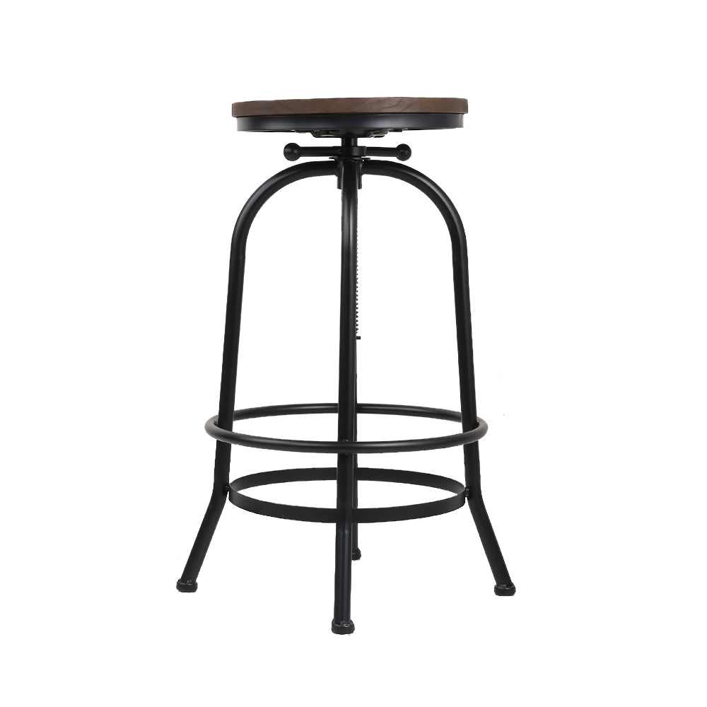 Set of 2 Bar Stool Industrial Round Seat Wood Metal - Black and Brown