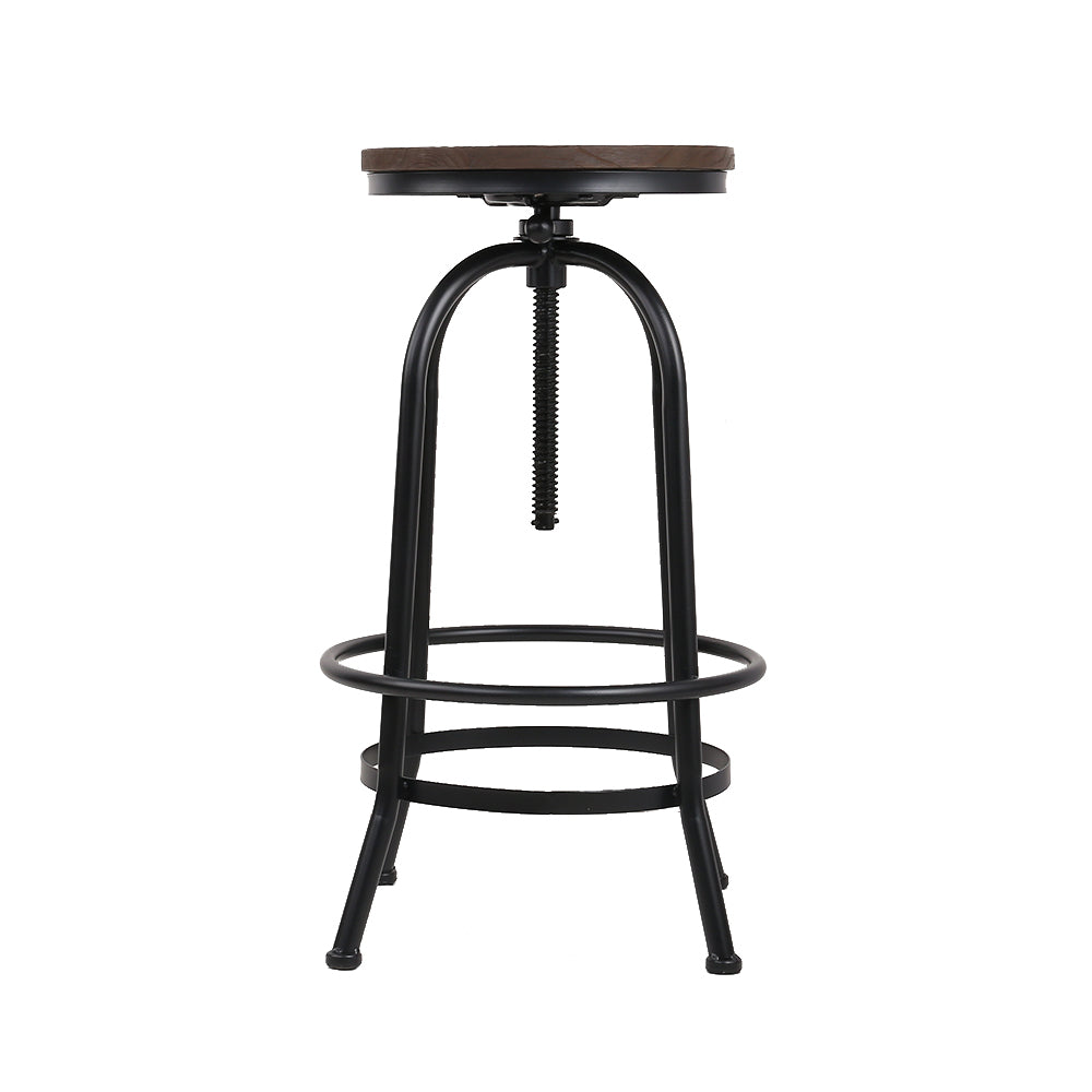 Set of 2 Bar Stool Industrial Round Seat Wood Metal - Black and Brown