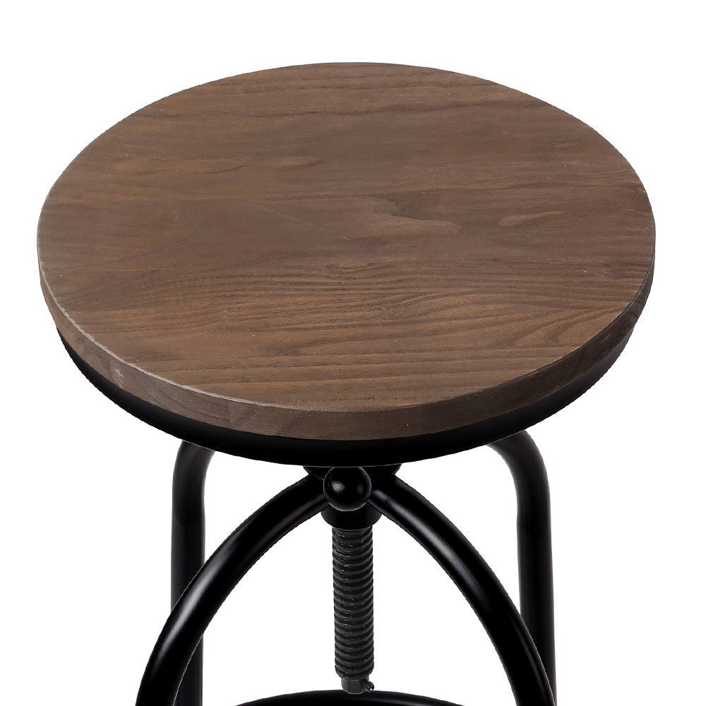 Set of 2 Bar Stool Industrial Round Seat Wood Metal - Black and Brown