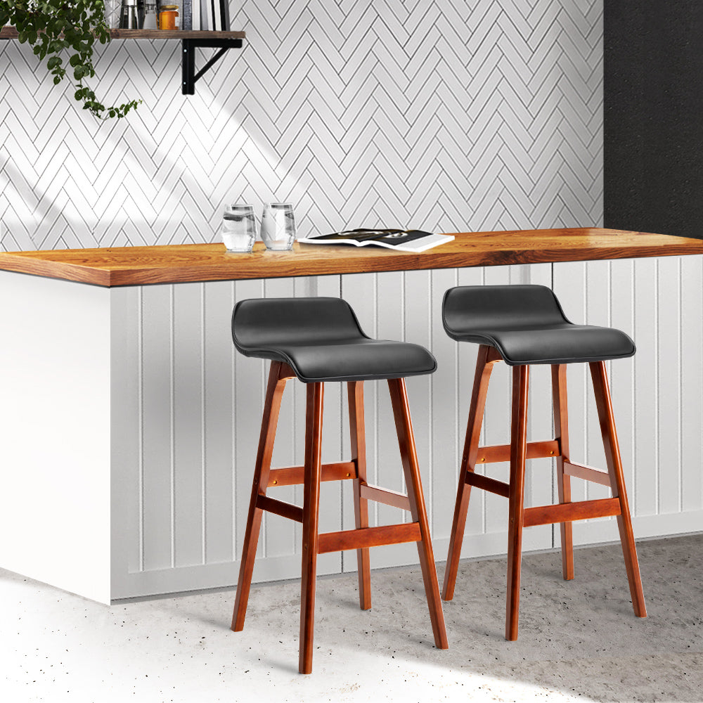 Set of 2 PU Leather Wood Wave Style Bar Stool - Black