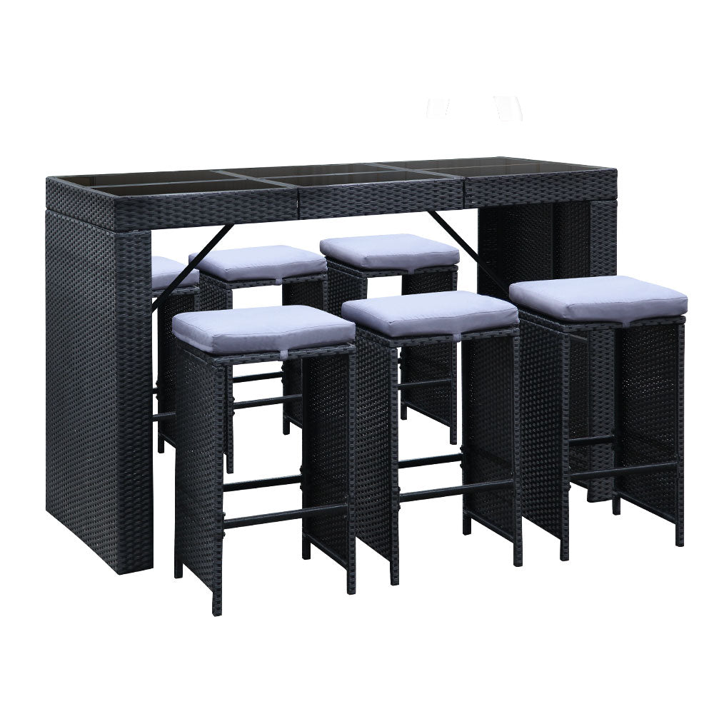 7 Piece Outdoor Wicker Bar Table & 6 Stools Set Black