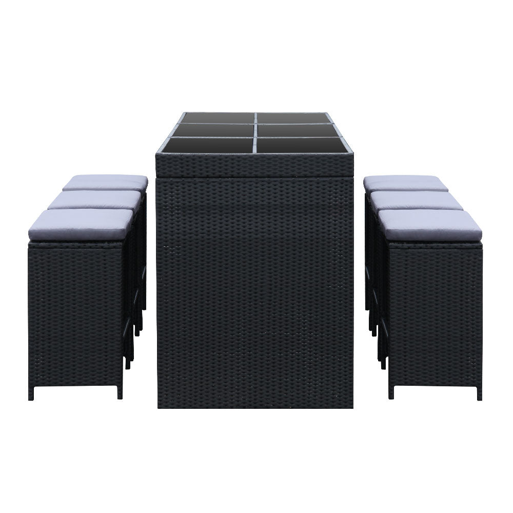 7 Piece Outdoor Wicker Bar Table & 6 Stools Set Black