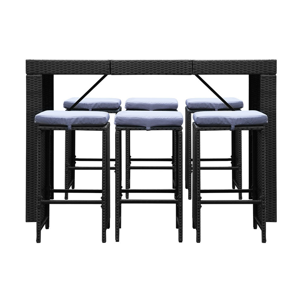 7 Piece Outdoor Wicker Bar Table & 6 Stools Set Black