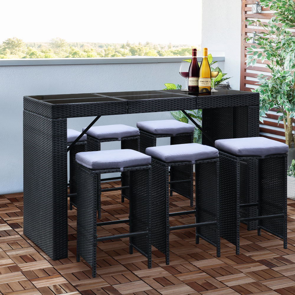 7 Piece Outdoor Wicker Bar Table & 6 Stools Set Black