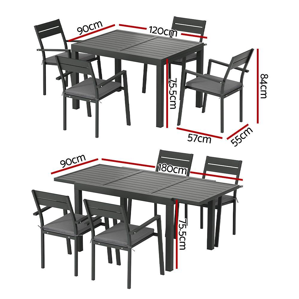 5 Piece Aluminium Outdoor Dining Set With Extension Table Black with Grey Cushions