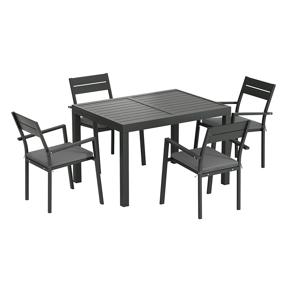 5 Piece Aluminium Outdoor Dining Set With Extension Table Black with Grey Cushions