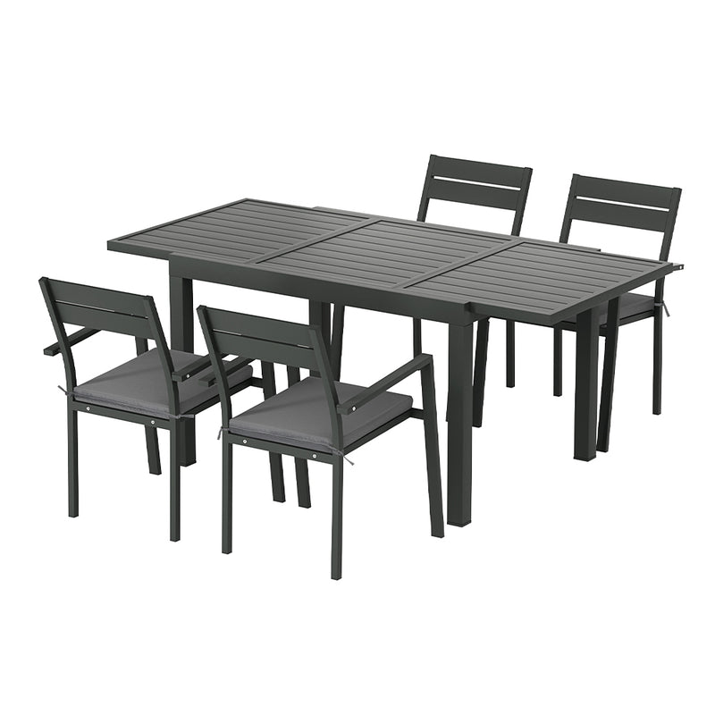 5 Piece Aluminium Outdoor Dining Set With Extension Table Black with Grey Cushions