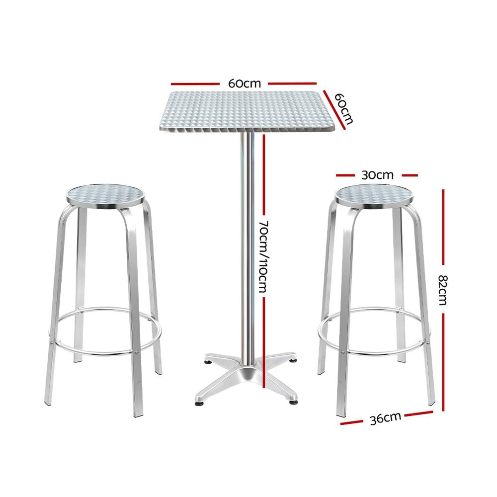 Outdoor Bistro Set Bar Table Stools Adjustable Aluminium Cafe 3PC Square