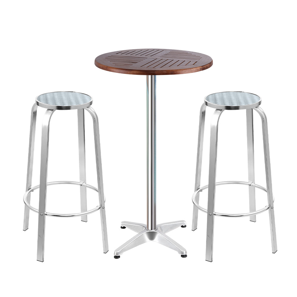 Outdoor Bistro Set Bar Table Stools Adjustable Aluminium Cafe 3PC Wood