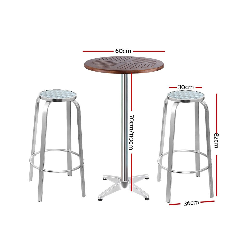 Outdoor Bistro Set Bar Table Stools Adjustable Aluminium Cafe 3PC Wood