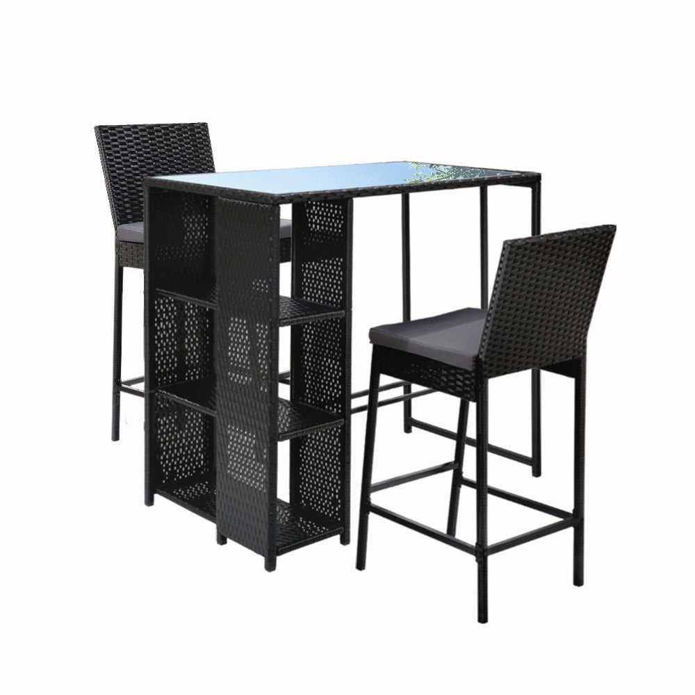 3 Piece Outdoor Wicker Bar Table & Stools Set Black