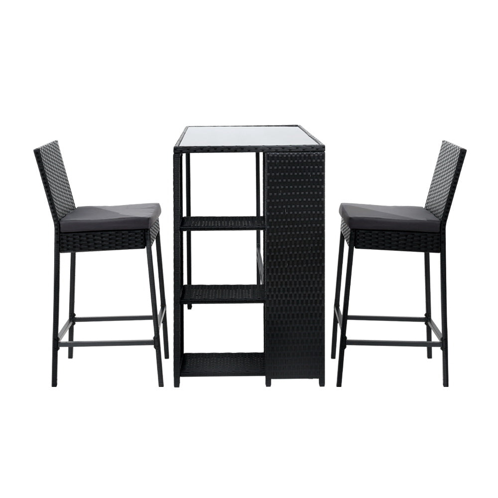 3 Piece Outdoor Wicker Bar Table & Stools Set Black