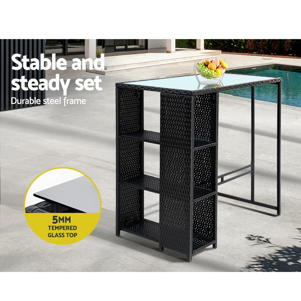 3 Piece Outdoor Wicker Bar Table & Stools Set Black