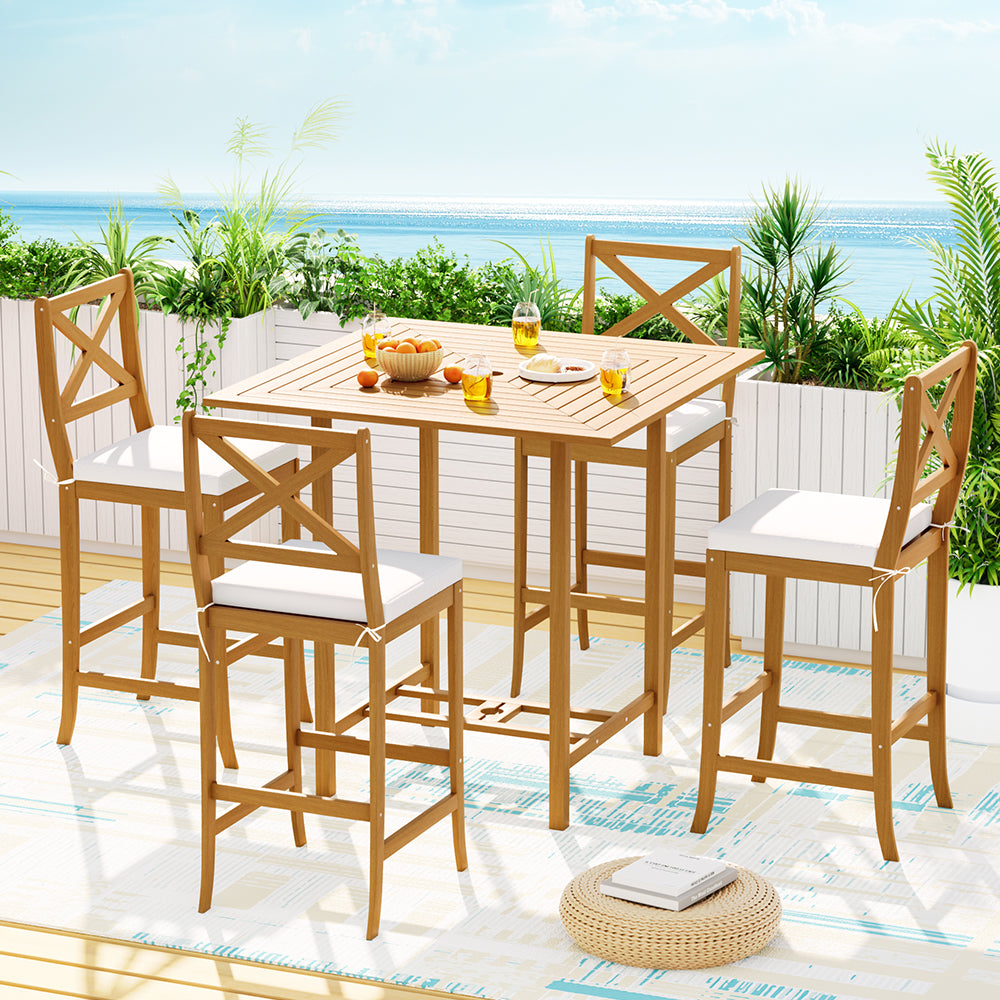 5pcs Outdoor Bar Table 4 Seater Stools Bistro Set Patio Acacia Wood