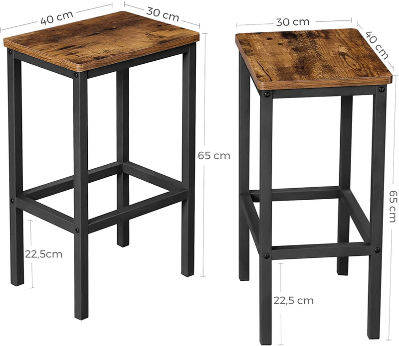 Set of 2 Rustic Wooden Bar Stools Brown with Black Frame 65cm